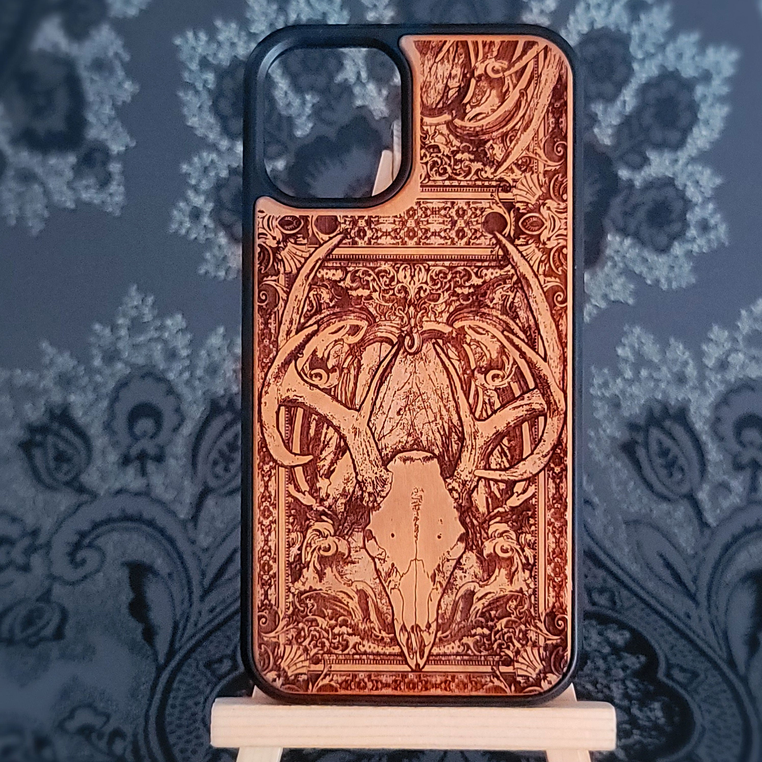 Laser-engraved deer skull wood phone case for iPhone and Galaxy,