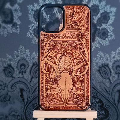 Laser-engraved deer skull wood phone case for iPhone and Galaxy,