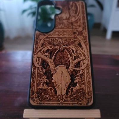 Funda de madera para iPhone y Samsung Galaxy - Diseño de esqueleto "Cráneo de ciervo"
