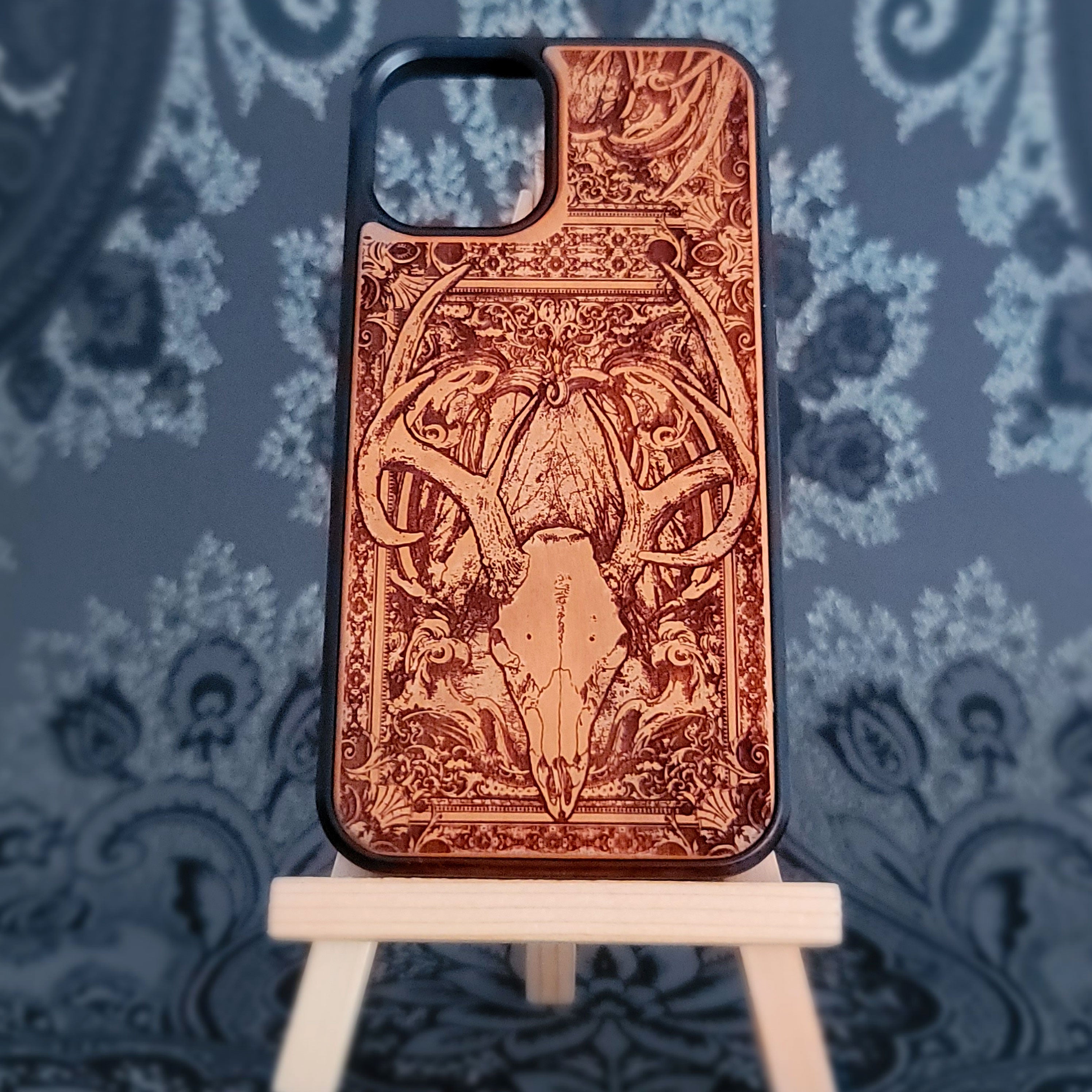 Laser-engraved deer skull wood phone case for iPhone and Galaxy,