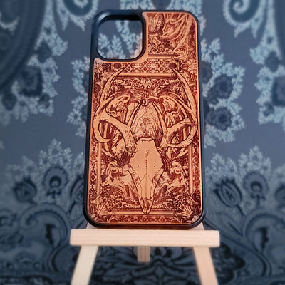 Laser-engraved deer skull wood phone case for iPhone and Galaxy,