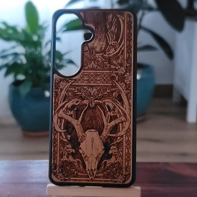 Funda de madera para iPhone y Samsung Galaxy - Diseño de esqueleto "Cráneo de ciervo"