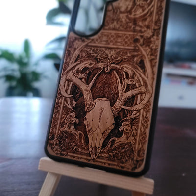 Funda de madera para iPhone y Samsung Galaxy - Diseño de esqueleto "Cráneo de ciervo"