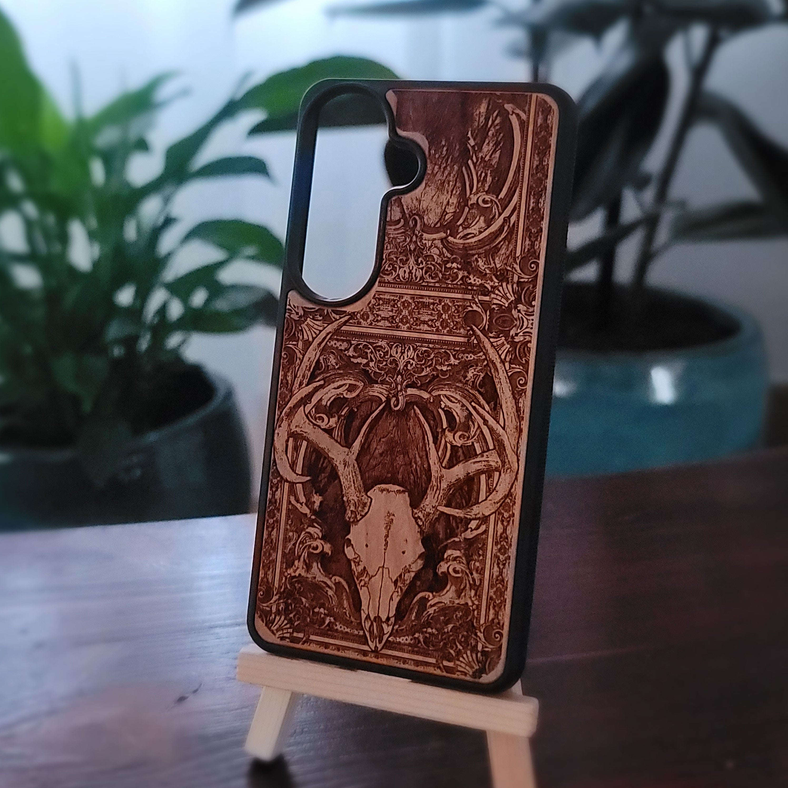 Funda de madera para iPhone y Samsung Galaxy - Diseño de esqueleto "Cráneo de ciervo"