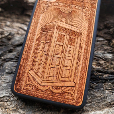 Doctor Who TARDIS wood phone case – police box design for iPhone , Galaxy S – engraved sci-fi art