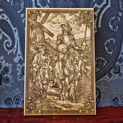 Laser engraved wood artwork of Don Quixote and Sancho Panza inspired by Cervantes, rustic literary wall art