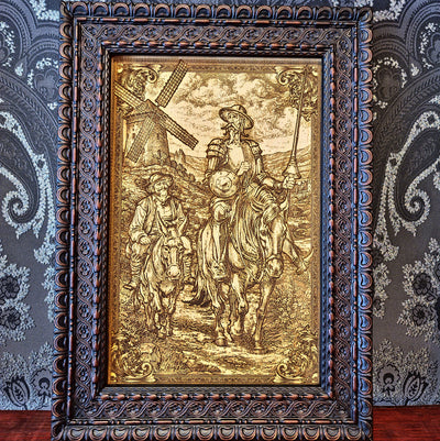 Laser engraved wood artwork of Don Quixote and Sancho Panza inspired by Cervantes, rustic literary wall art
