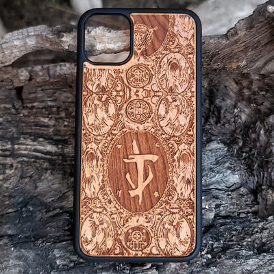 Wooden phone case with intricate Gothic pattern laser-engraved design for iPhone and Samsung Galaxy. Available for iPhone , 15, 14, 13, 12, 11 Pro Max Mini, and Samsung Galaxy S, S24, S23, S22, S21, S20 Ultra, Plus, Note 20. Stylish, durable, and unique.