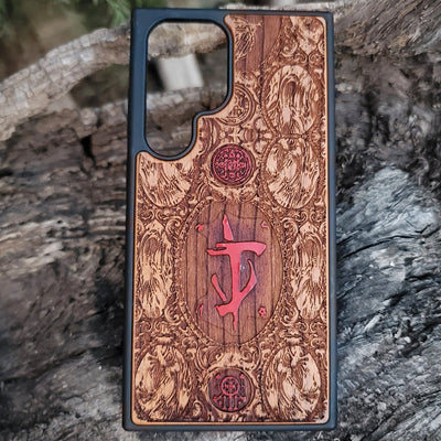 Doom-inspired gothic artwork engraved on a wooden phone case, compatible with iPhone  and Samsung Galaxy S.
