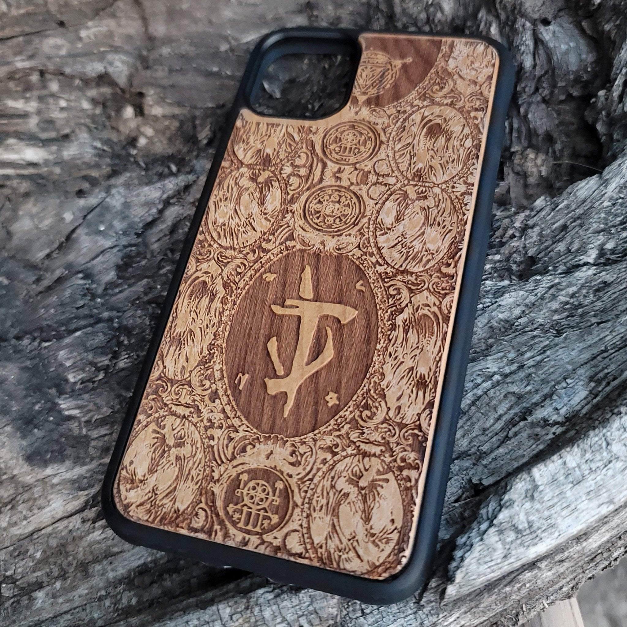 Wooden phone case with intricate Gothic pattern laser-engraved design for iPhone and Samsung Galaxy. Available for iPhone , 15, 14, 13, 12, 11 Pro Max Mini, and Samsung Galaxy S, S24, S23, S22, S21, S20 Ultra, Plus, Note 20. Stylish, durable, and unique.