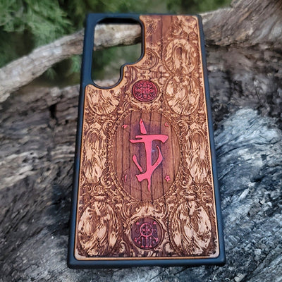 Doom-inspired gothic artwork engraved on a wooden phone case, compatible with iPhone  and Samsung Galaxy S.