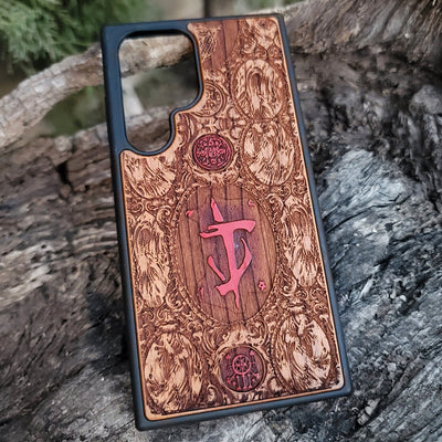 Doom-inspired gothic artwork engraved on a wooden phone case, compatible with iPhone  and Samsung Galaxy S.