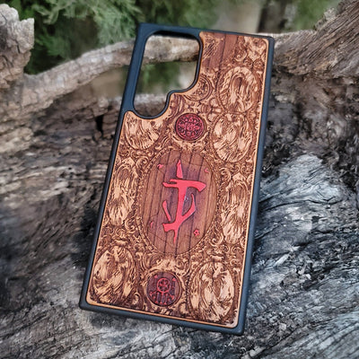 Doom-inspired gothic artwork engraved on a wooden phone case, compatible with iPhone  and Samsung Galaxy S.