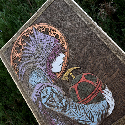 Gothic engraved wood art – gothic art, engraved wood, dark fantasy, skeleton design, artisan crafted