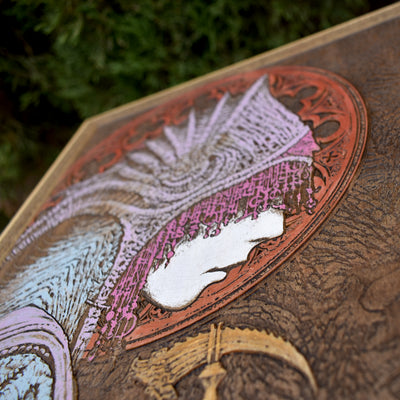 Gothic engraved wood art – gothic art, engraved wood, dark fantasy, skeleton design, artisan crafted