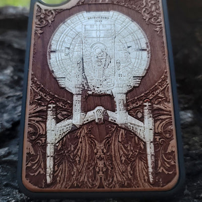 Intergalactic Ship Enterprise NX01 - Wood Phone Case - Hand Painted Alien xenomorph HR Giger biomechanical engraved