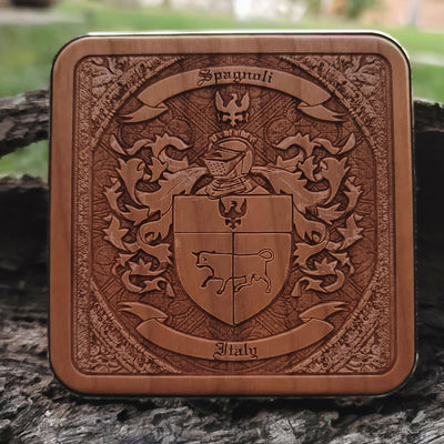 Elegant engraved family crest charger, combining heritage and modern tech.