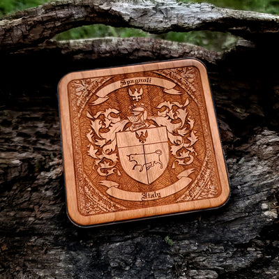 Personalized family crest on wood wireless charger, stylish and functional gift.