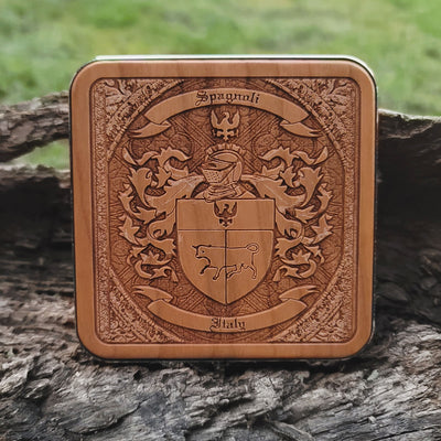 Custom coat of arms wood charger pad, ideal for genealogy and heritage lovers.