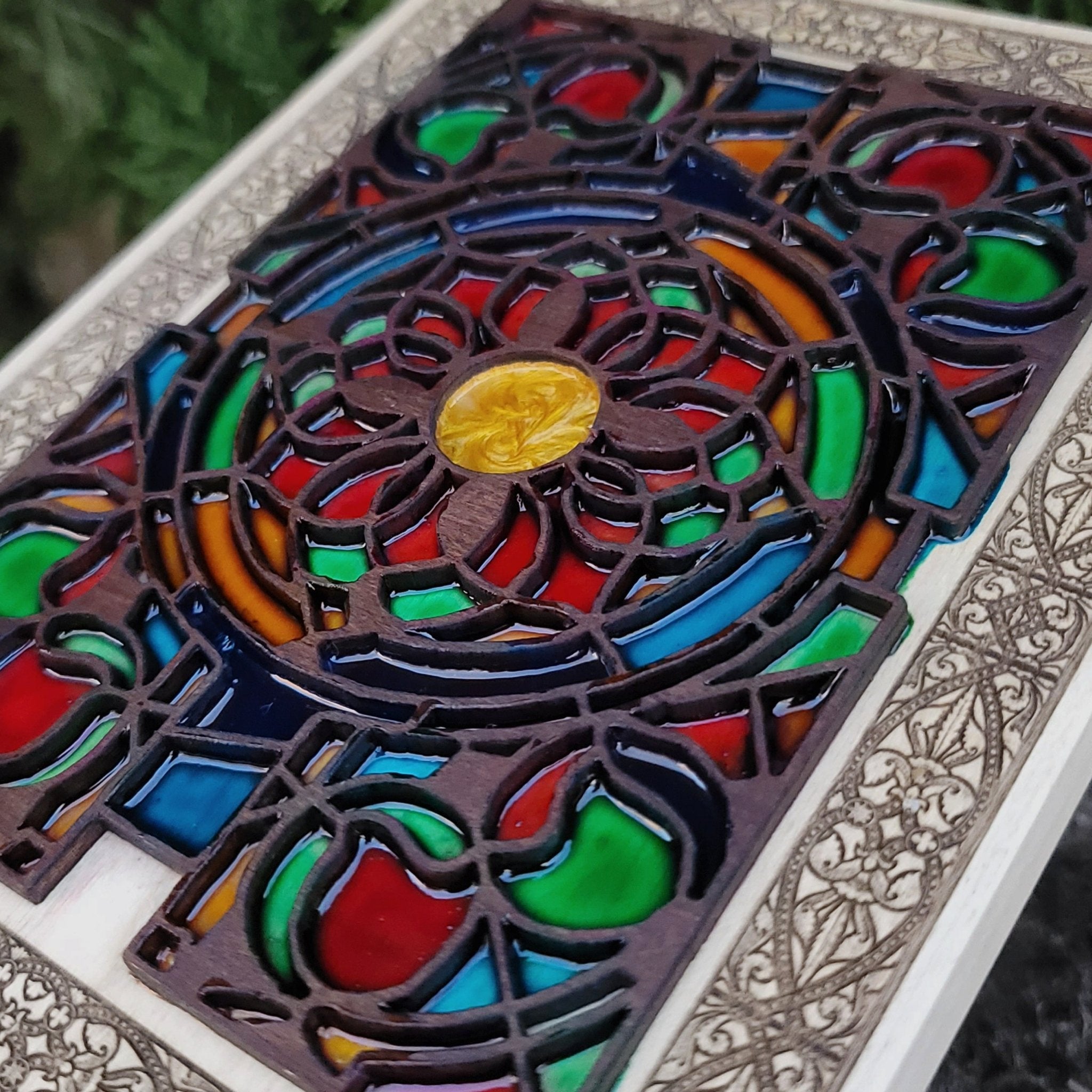 Mini gothic window wood wall art with laser-carved multicolor flower.