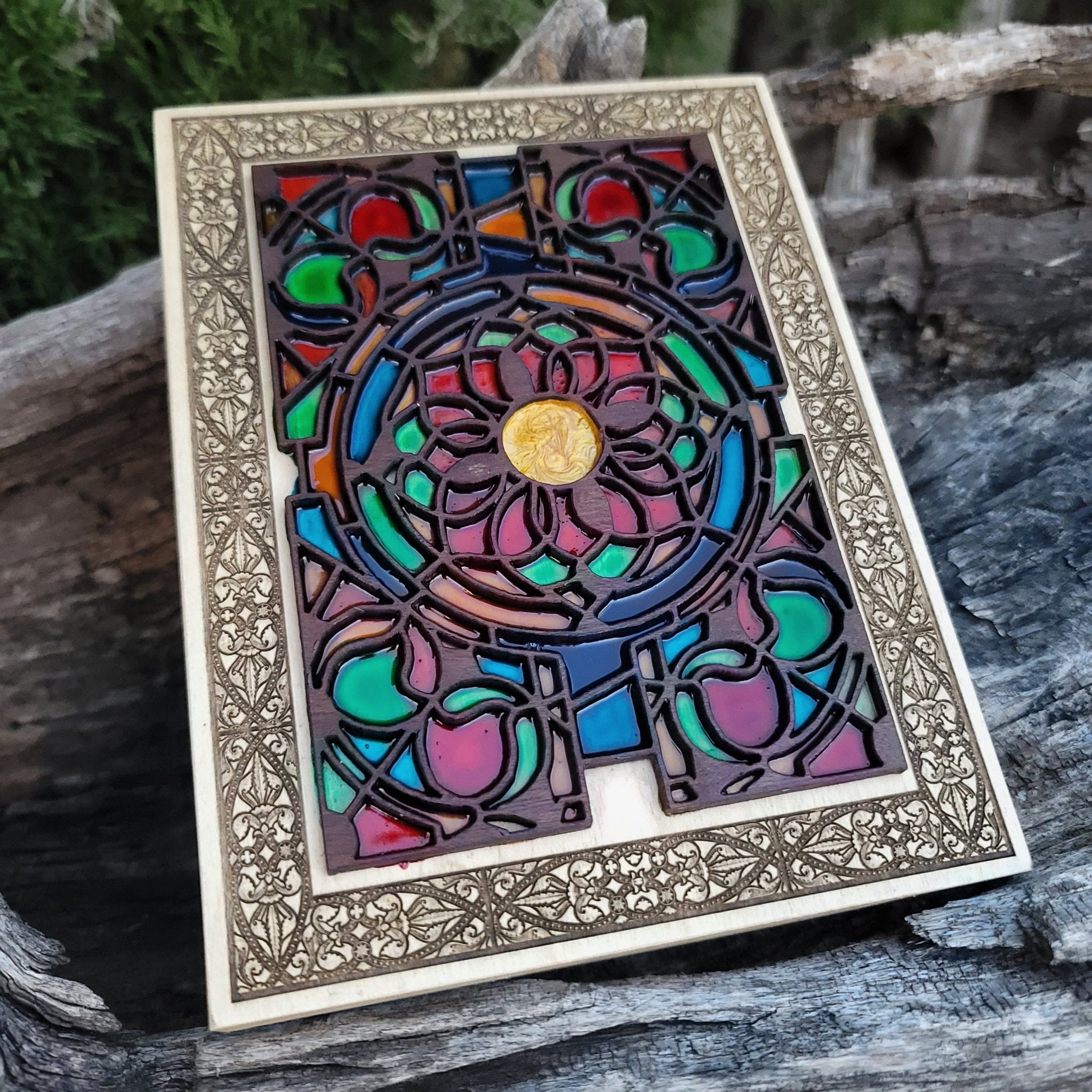 Cathedral-inspired wood wall art with colorful engraved flower centerpiece.