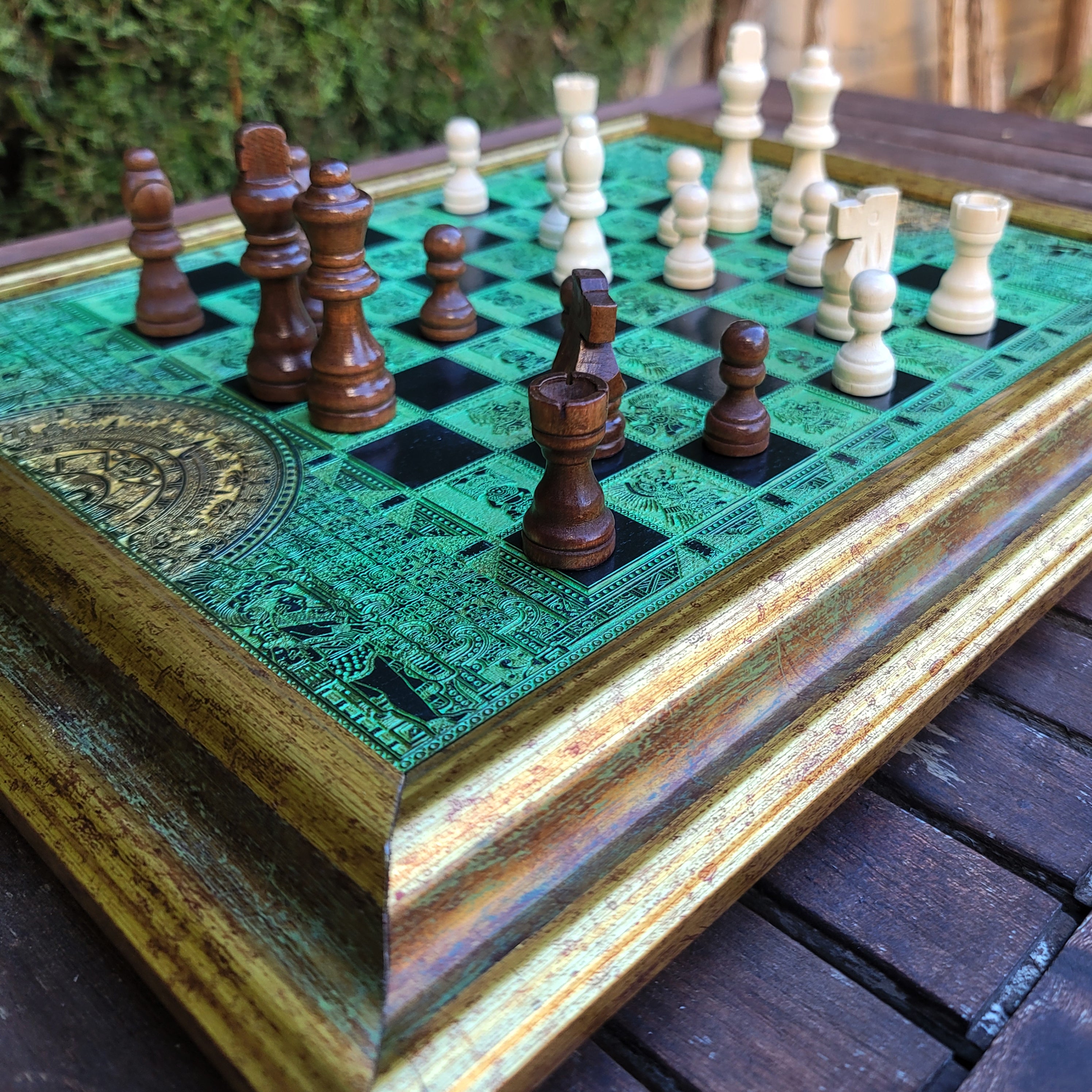 Aztec Chess Board - Black & Green - A3 Large Size