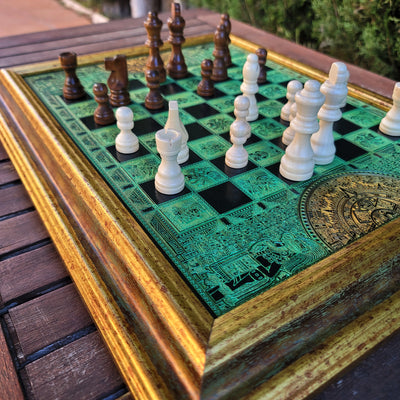 Elegant handcrafted chess set with Aztec-inspired laser engravings