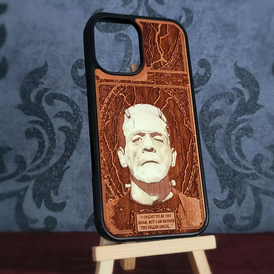 Hand-painted Frankenstein monster wood phone case for iPhone and Galaxy – horror art design.