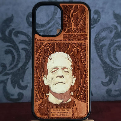 Hand-painted Frankenstein monster wood phone case for iPhone and Galaxy – horror art design.