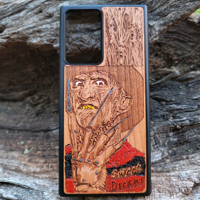 Freddy Krueger-inspired horror artwork engraved on a wooden phone case, compatible with iPhone  and Samsung Galaxy S.