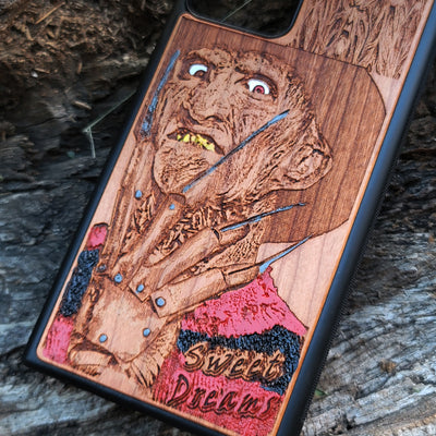 Freddy Krueger-inspired horror artwork engraved on a wooden phone case, compatible with iPhone  and Samsung Galaxy S.