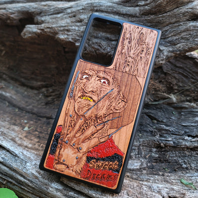Freddy Krueger-inspired horror artwork engraved on a wooden phone case, compatible with iPhone  and Samsung Galaxy S.
