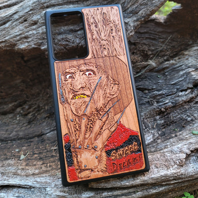 Freddy Krueger-inspired horror artwork engraved on a wooden phone case, compatible with iPhone  and Samsung Galaxy S.