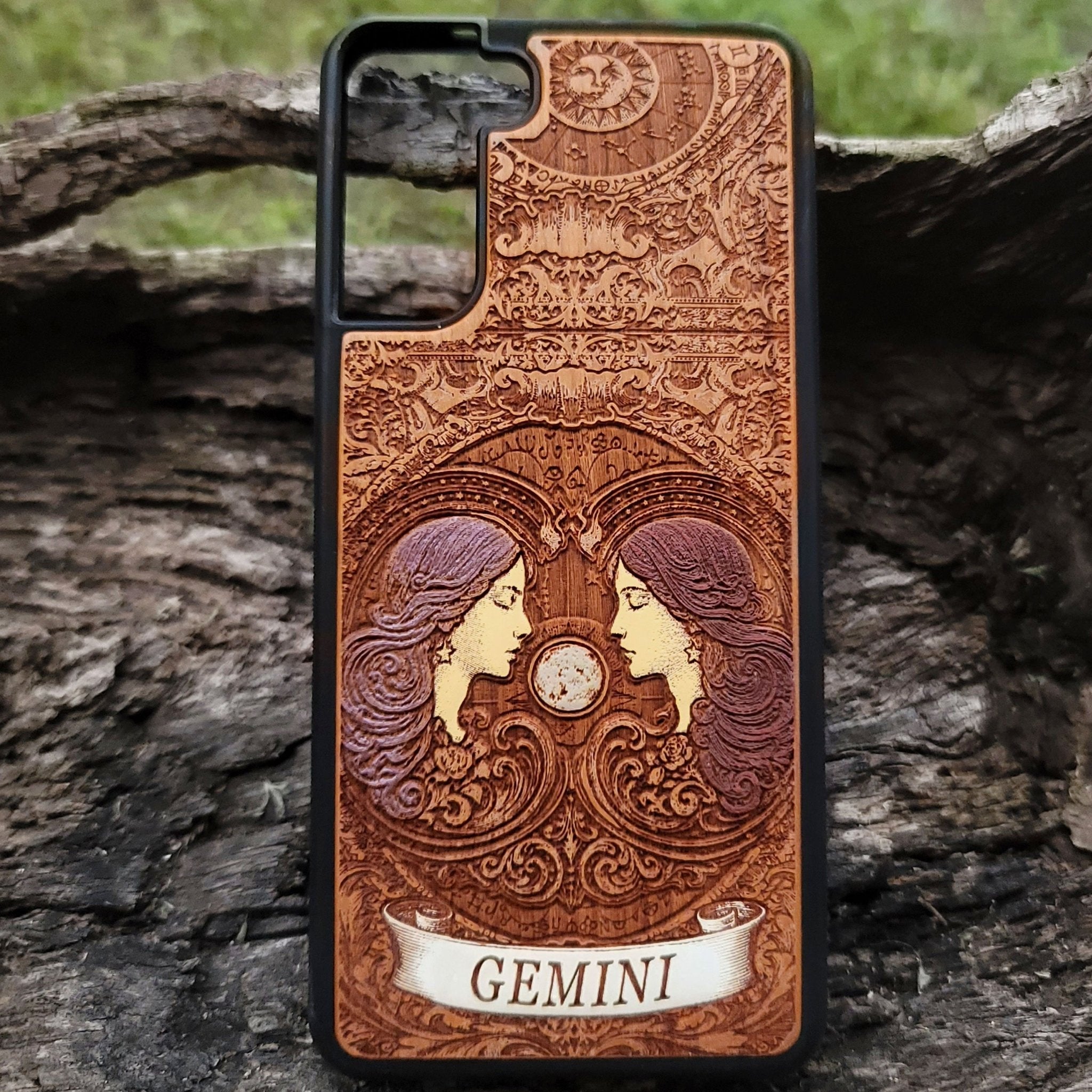 Hand-painted Gemini zodiac wood phone case with twin symbol