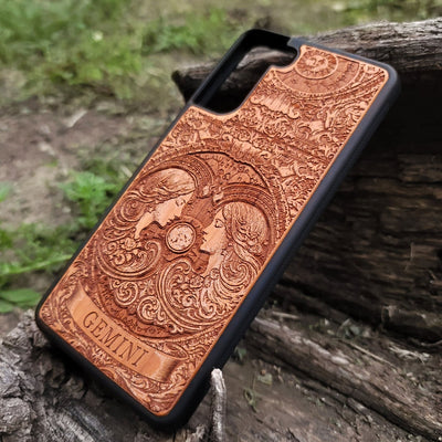 Gemini twin symbol wood case for astrology-themed gifts