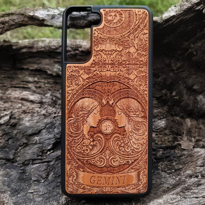 Gemini zodiac phone case with engraved twins symbol in wood