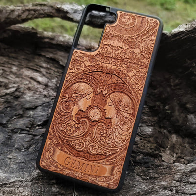 Laser engraved Gemini wood phone case for astrology lovers