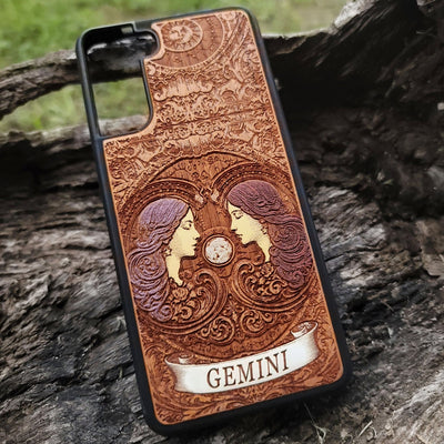 Gemini constellation art on handcrafted wood cover