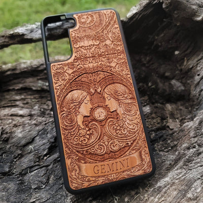 Wooden Gemini zodiac sign phone case with celestial artwork