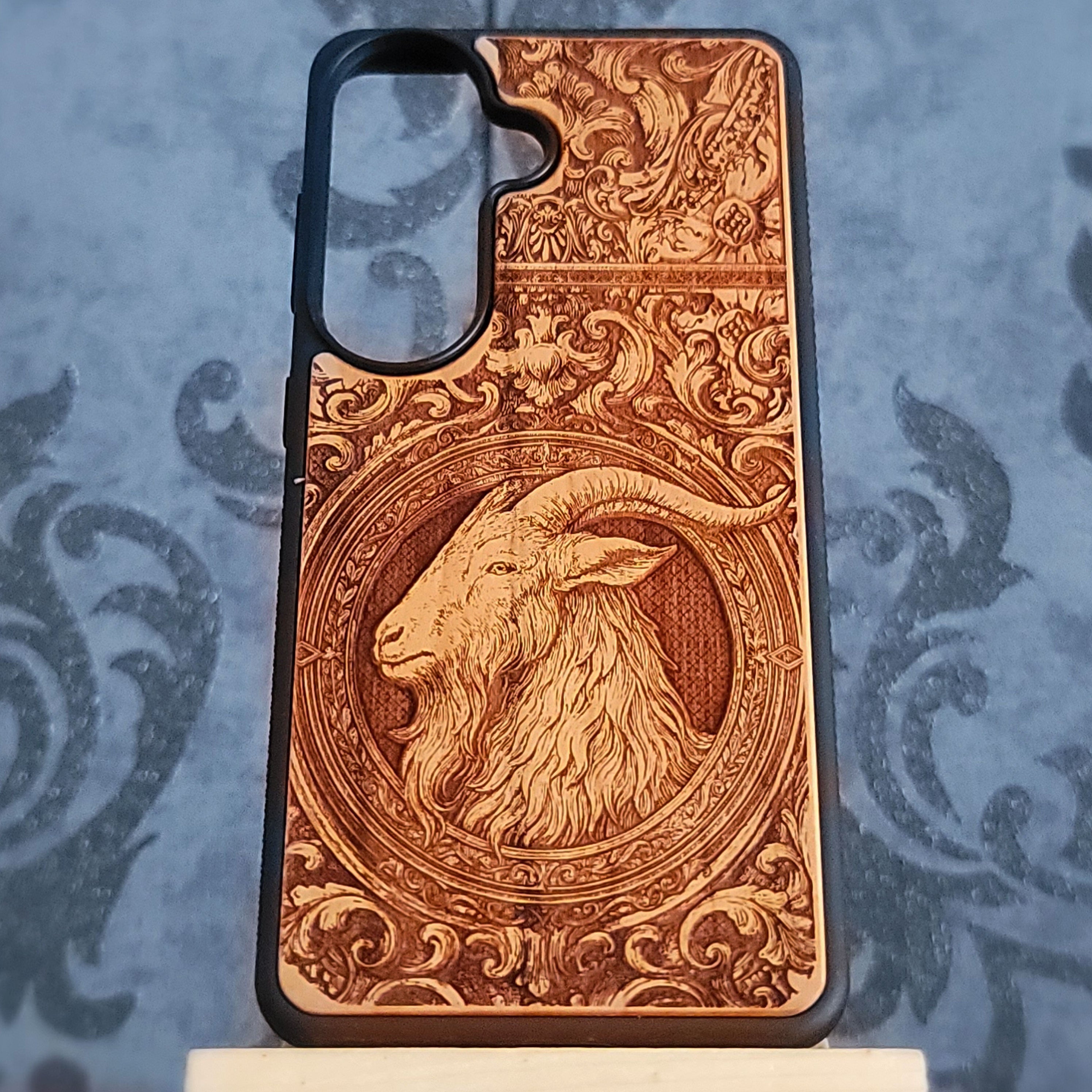 Engraved baphomet goat head gothic phone case in wood for iPhone  and Galaxy 