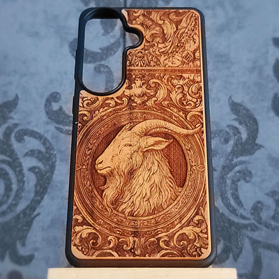Engraved baphomet goat head gothic phone case in wood for iPhone  and Galaxy 