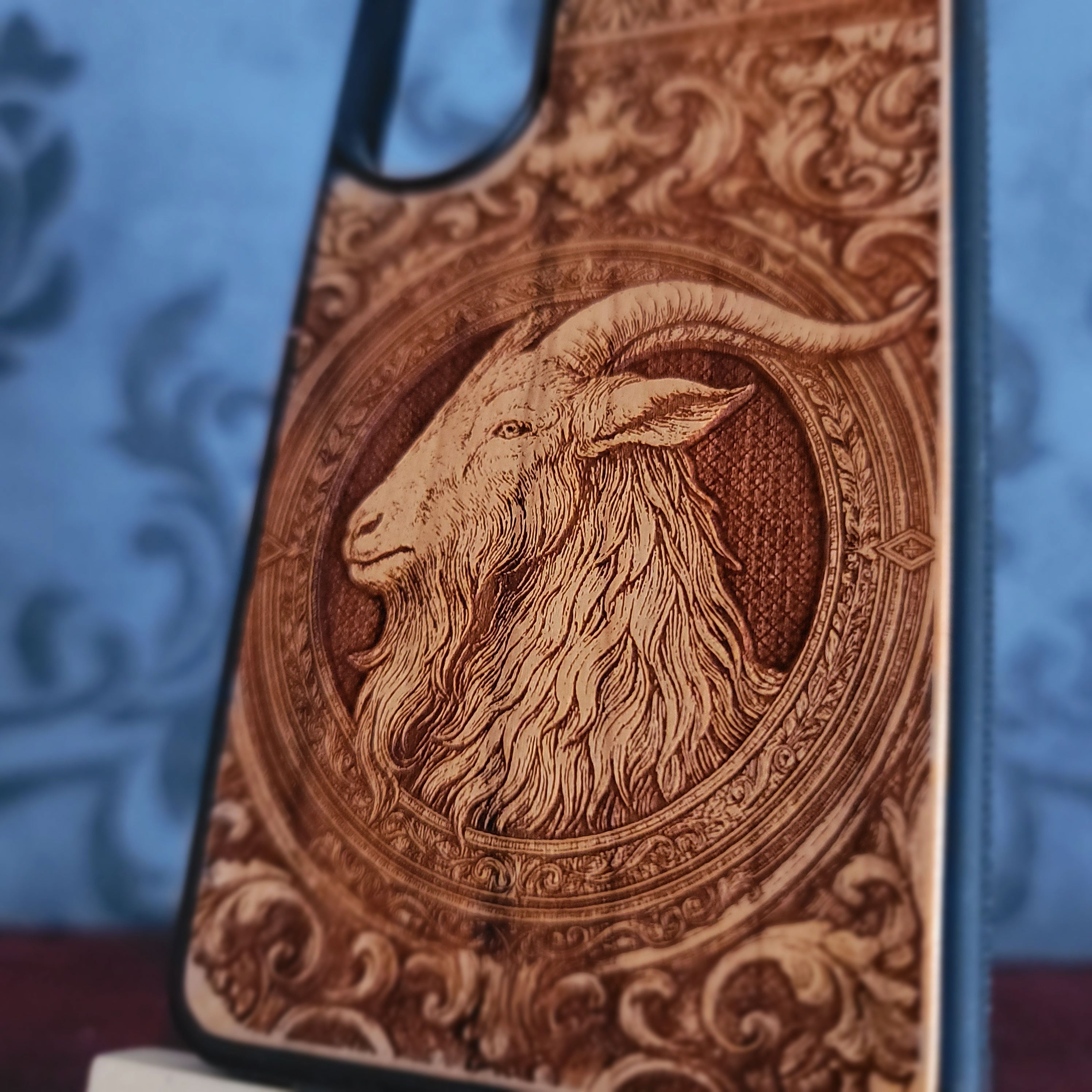 Engraved baphomet goat head gothic phone case in wood for iPhone  and Galaxy 