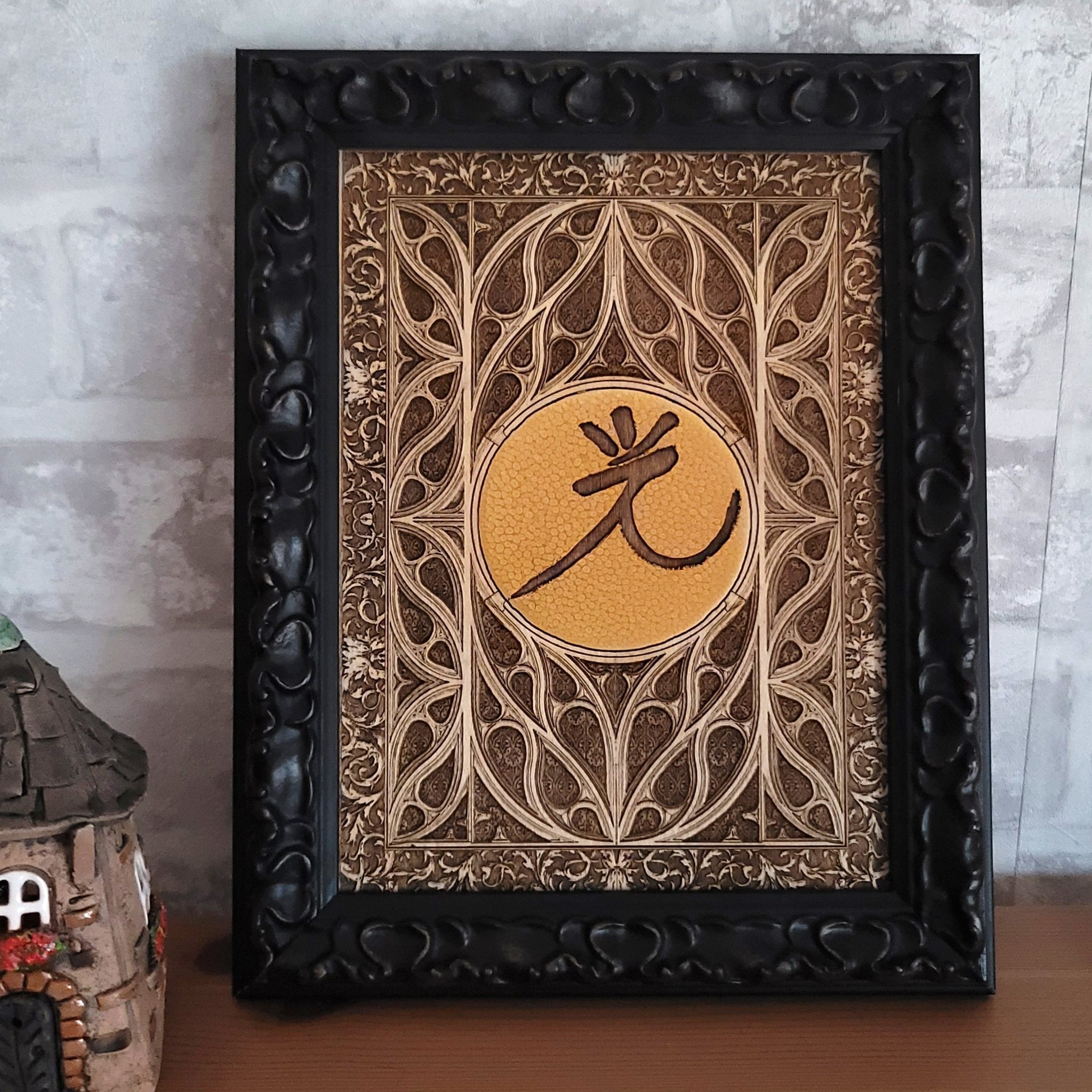 Personalized medieval-style gothic window wood engraving for home decor.