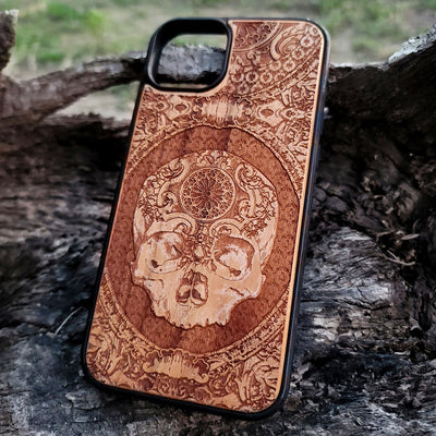Gothic Skull - Wood Phone Case - Gothic Pattern – gothic art, engraved wood, dark fantasy, skeleton design, artisan crafted