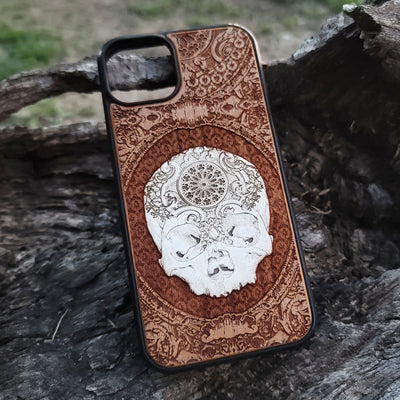 Dark gothic skull phone case, laser-engraved and hand-painted on premium wood for a unique horror-inspired style.