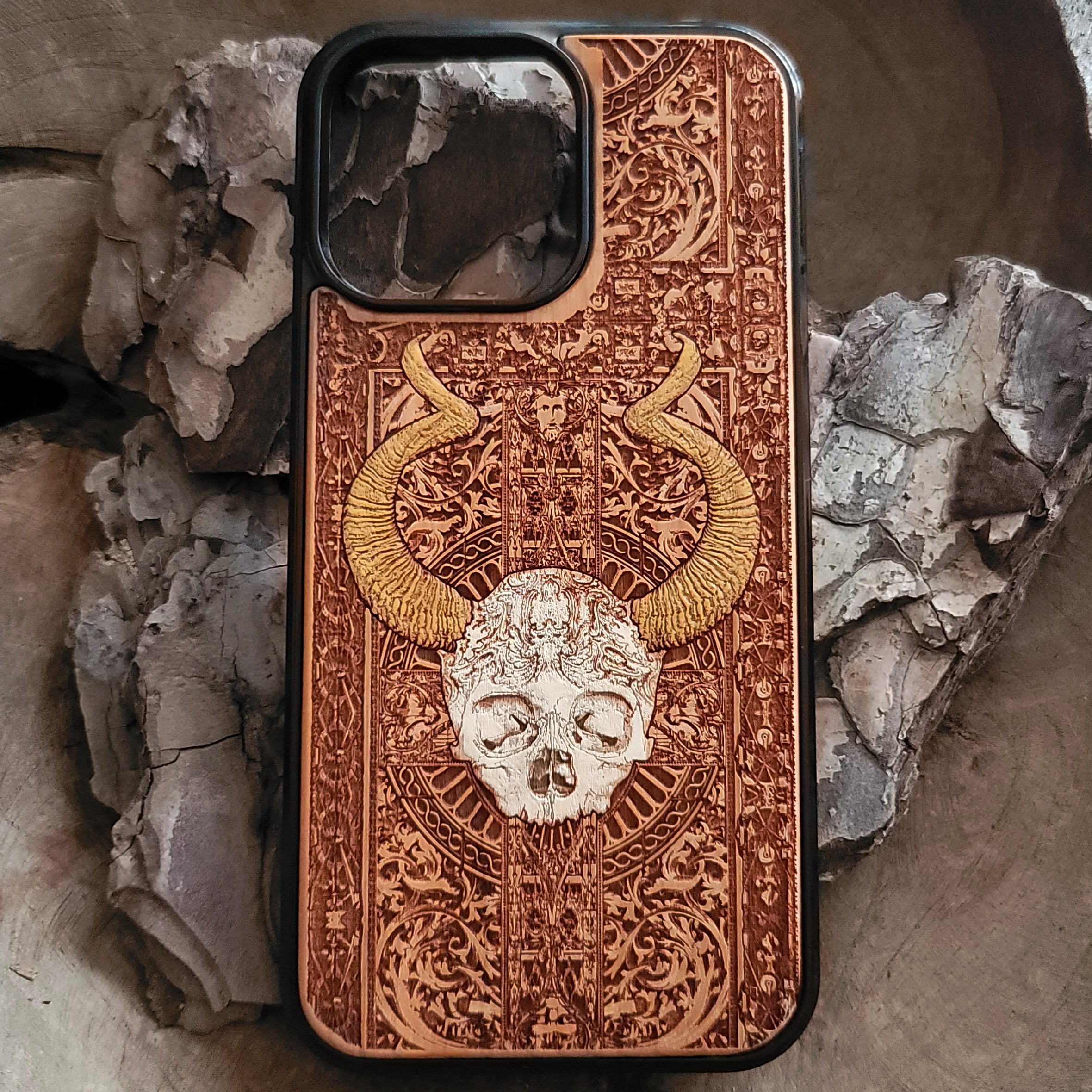 iPhone & Samsung Galaxy Wood Phone Case - Skull Artwork "Cross Skull II" Hand Painted