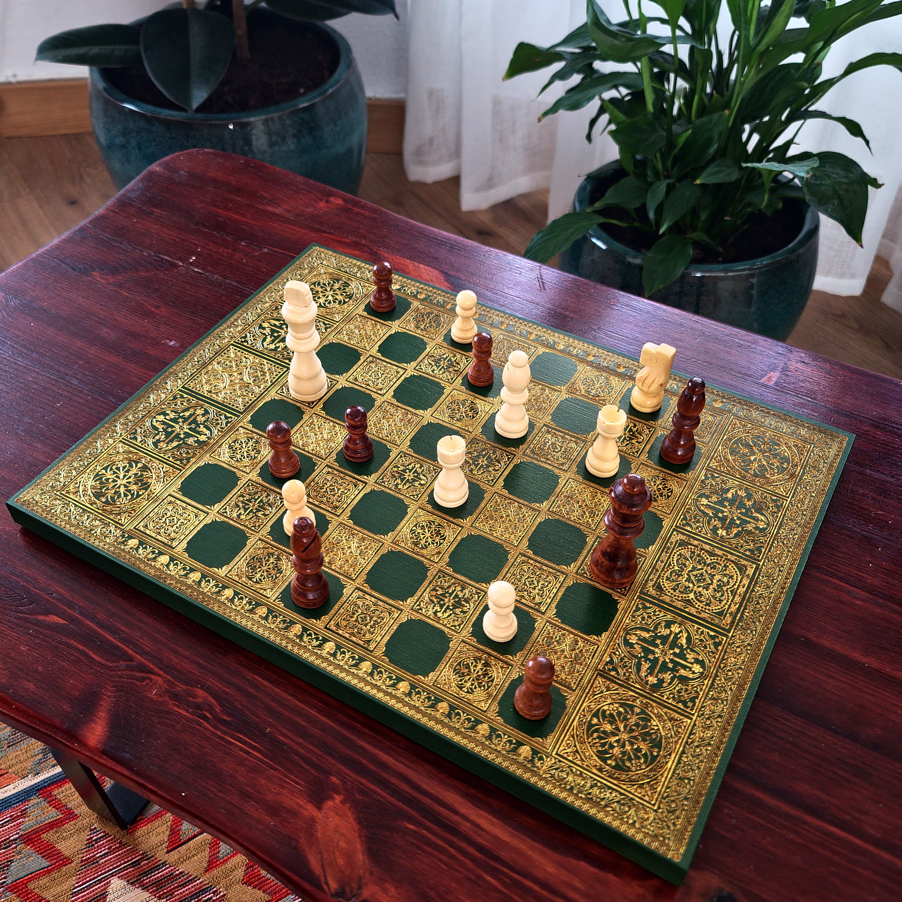 Spanish Tiles Chess Board - Green & Gold - A3 Large Size