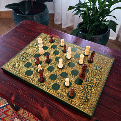 Spanish Tiles Chess Board - Green & Gold - A3 Large Size