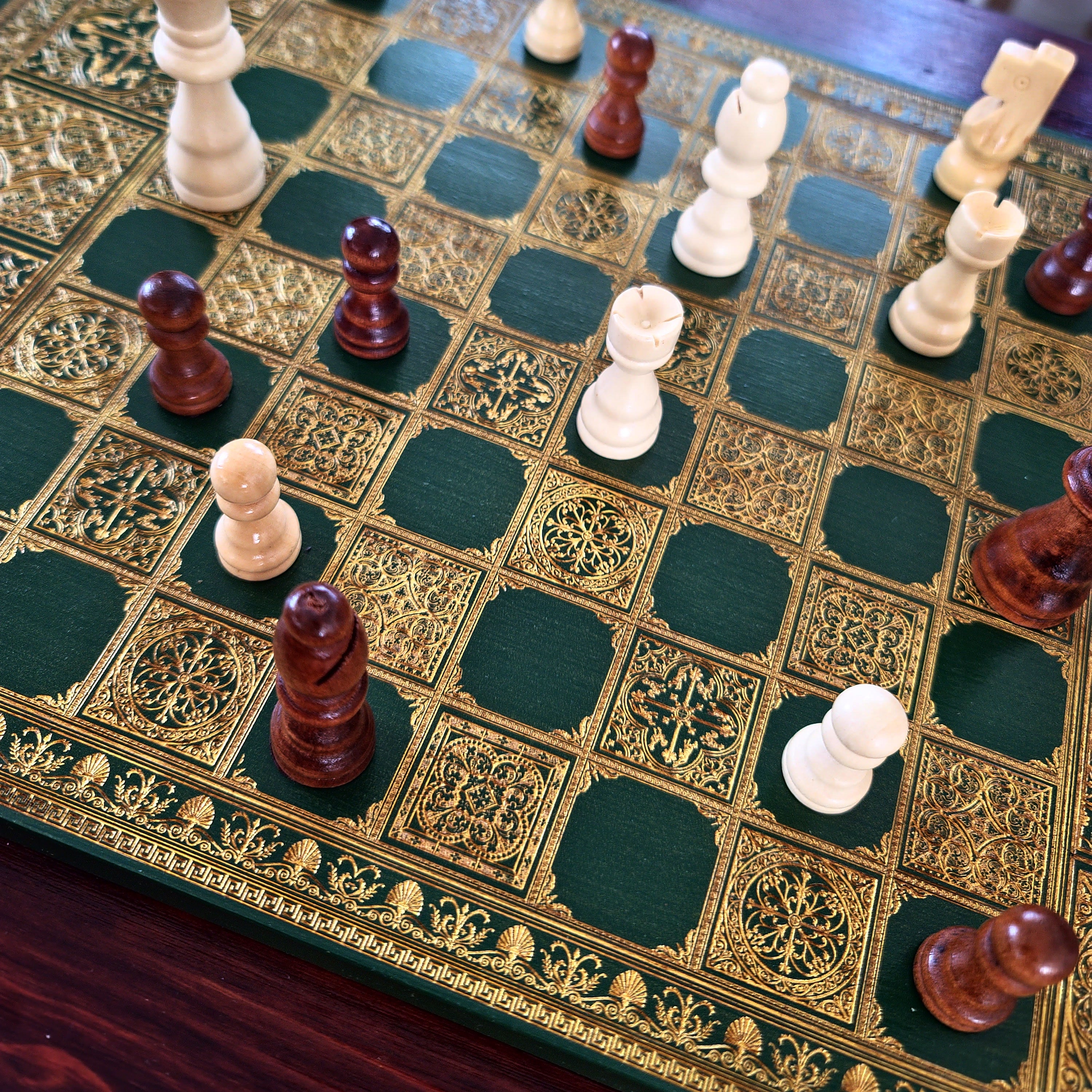 Spanish Tiles Chess Board - Green & Gold - A3 Large Size