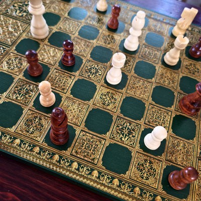Spanish Tiles Chess Board - Green & Gold - A3 Large Size
